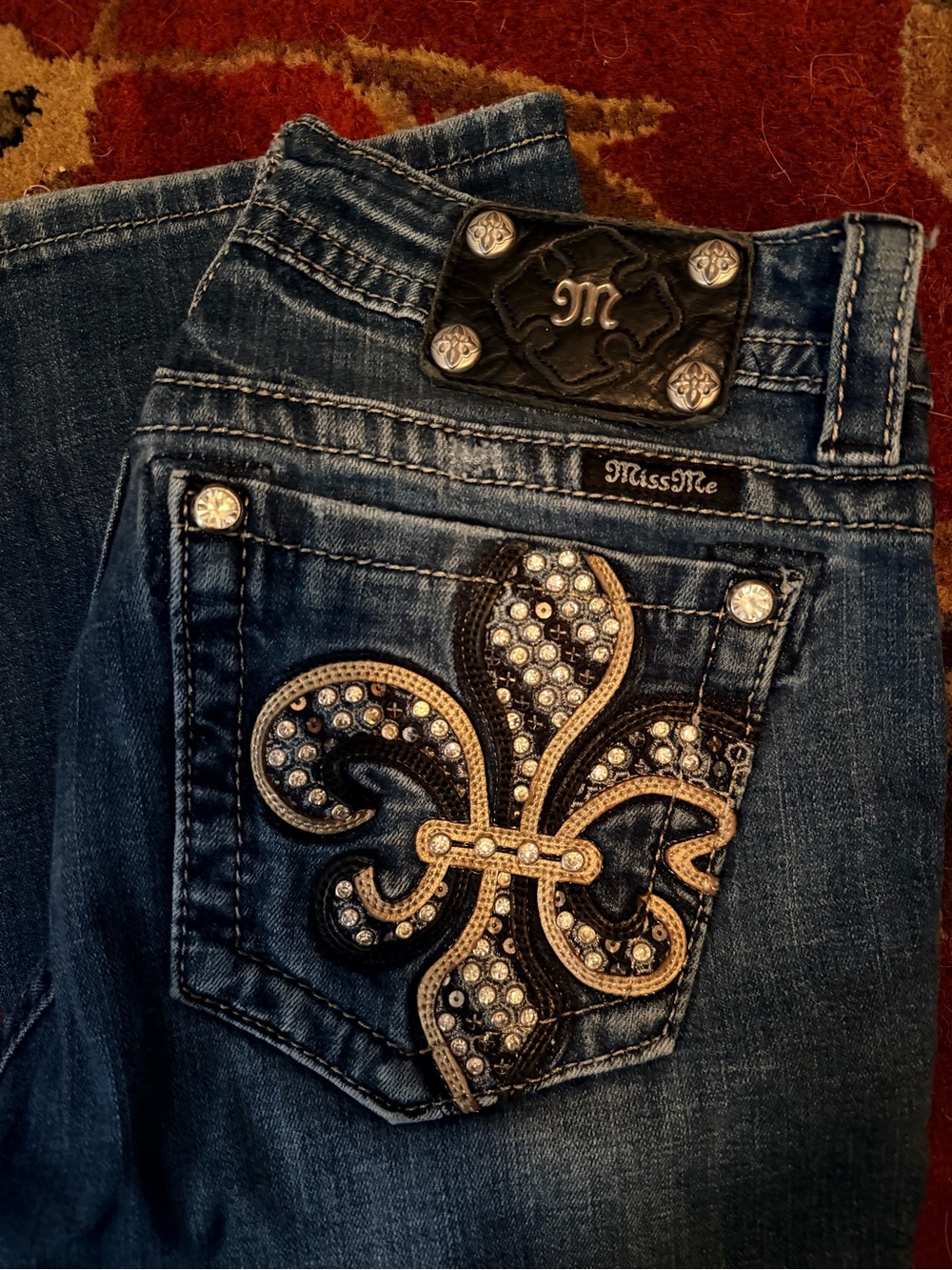 Miss Me Blue Boot Cut Jeans with Crystal Fleur-de-Lis & Gold Accents